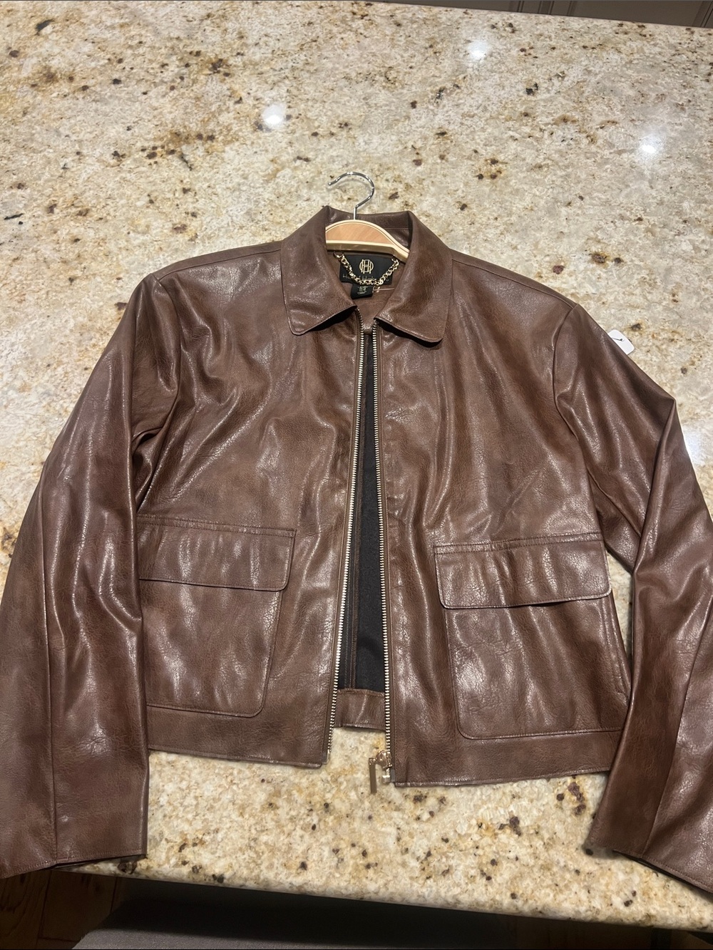 HOUSE OF HARLOW 1960 WMNS FAUX DARK BROWN JACKET ZIP UP CROP 2-pocket size MED